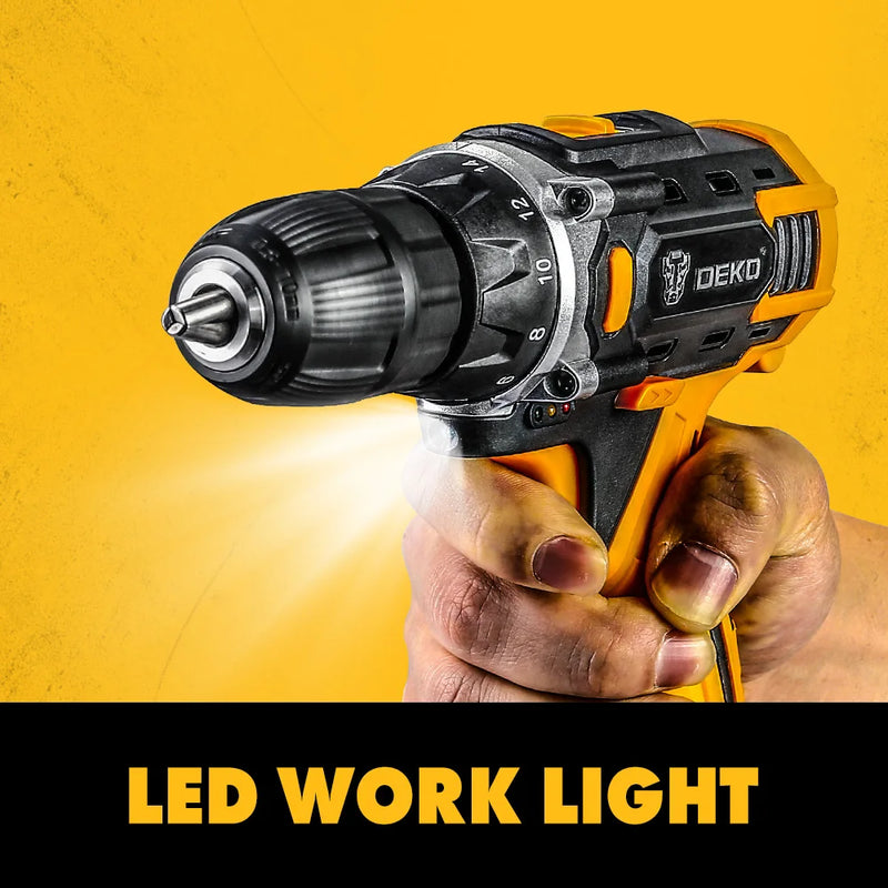 DEKO 12V 16V 20V SET1 Furadeira sem fio 2 velocidades Parafusadeira elétrica DIY Mini chave de fenda sem fio Bateria de íon de lítio DC 3/8 polegadas