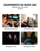 Placa de som externa USB TEYUN Q-26 com interface de áudio para guitarra elétrica, ideal para gravação ao vivo em estúdio e canto em PC.