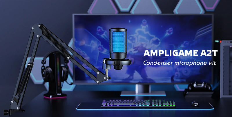 Kit de microfone para jogos AmpliGame com silenciador rápido, conjunto de microfone condensador USB RGB com braço de metal para PC móvel, PS4/5, streaming - A2T