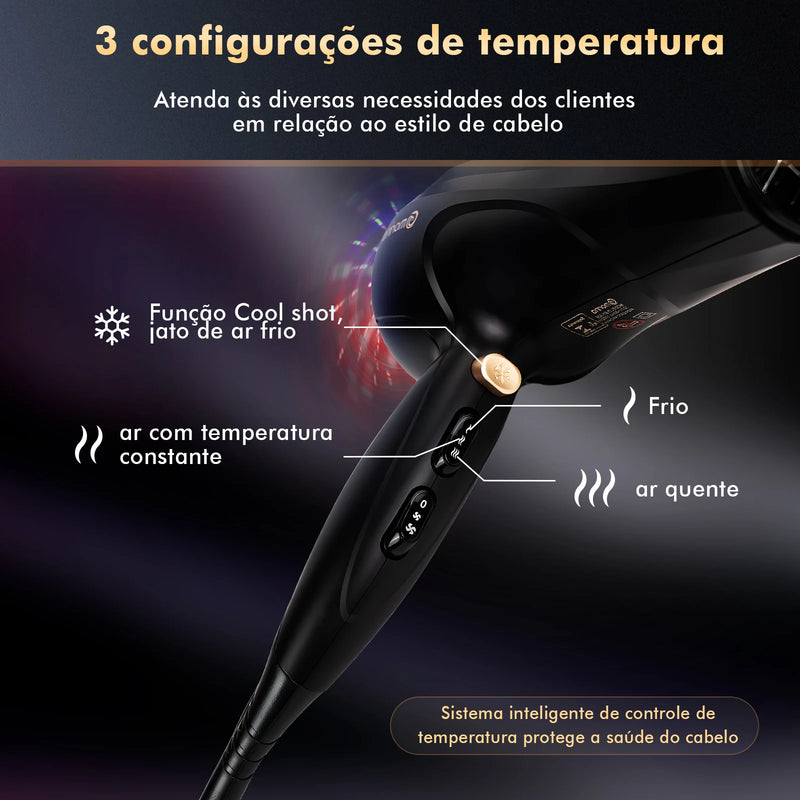 Secador de cabelo elétrico V-127V ou 220V 1900W Preto/Dourado