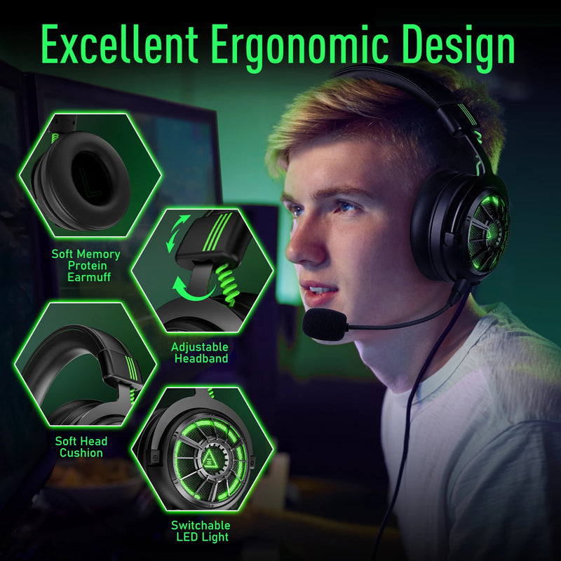 Fones de ouvido gamer profissionais EKSA E5000 para PC/PS4/Xbox/Switch, headset gamer com fio 7.1 e microfone ENC, cabo removível USB/Tipo C/3,5 mm