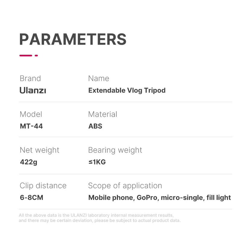 Tripé ULANZI MT-44 Tripé para Smartphones, Vlogs e Câmeras SLR Portáteis com Suporte para Celular e Sapata Fria