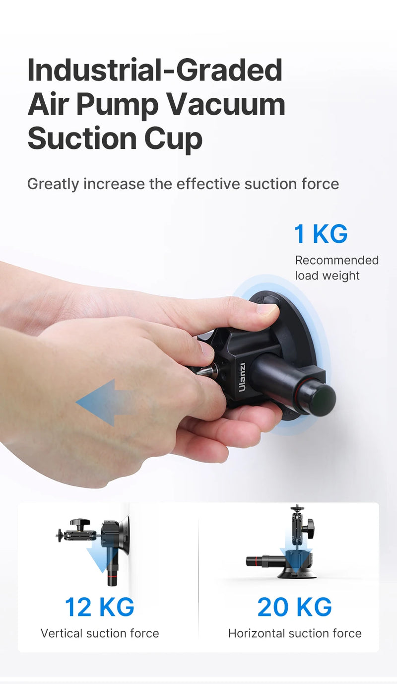 Ulanzi Car Phone Action Camera Holder Hand Pump Suction Cup 360° Adjustable 1/4" for GoPro for Insta360 DJI Action Smart Phone