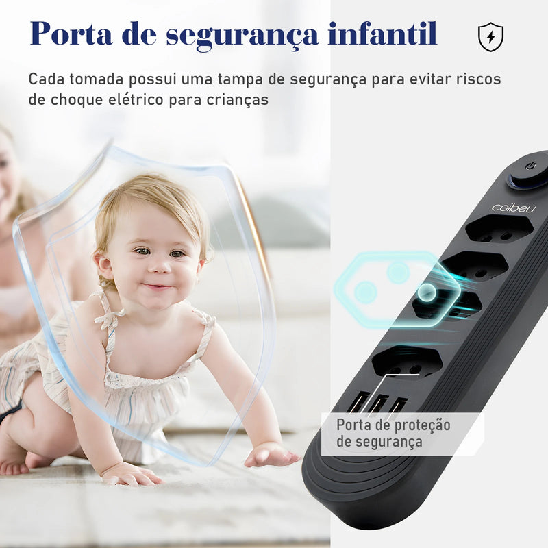 Extensão elétrica, filtro de linha, extensão de energia, tomada USB, plugue, plugue de água, filtro de linha brasileiro, 100-220V, 10A