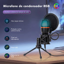 Microfone de mesa RGB com cancelamento de ruído ativo de 48 kHz, conexão USB plug & play e tripé ajustável para streamers/gamers, Coibeu