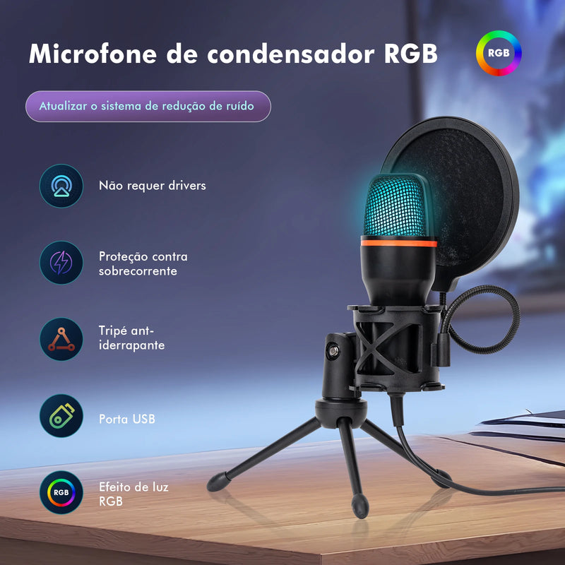 Microfone de mesa RGB com cancelamento de ruído ativo de 48 kHz, conexão USB plug & play e tripé ajustável para streamers/gamers, Coibeu