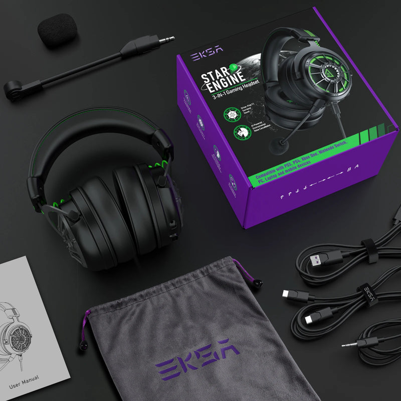 Fones de ouvido gamer profissionais EKSA E5000 para PC/PS4/Xbox/Switch, headset gamer com fio 7.1 e microfone ENC, cabo removível USB/Tipo C/3,5 mm
