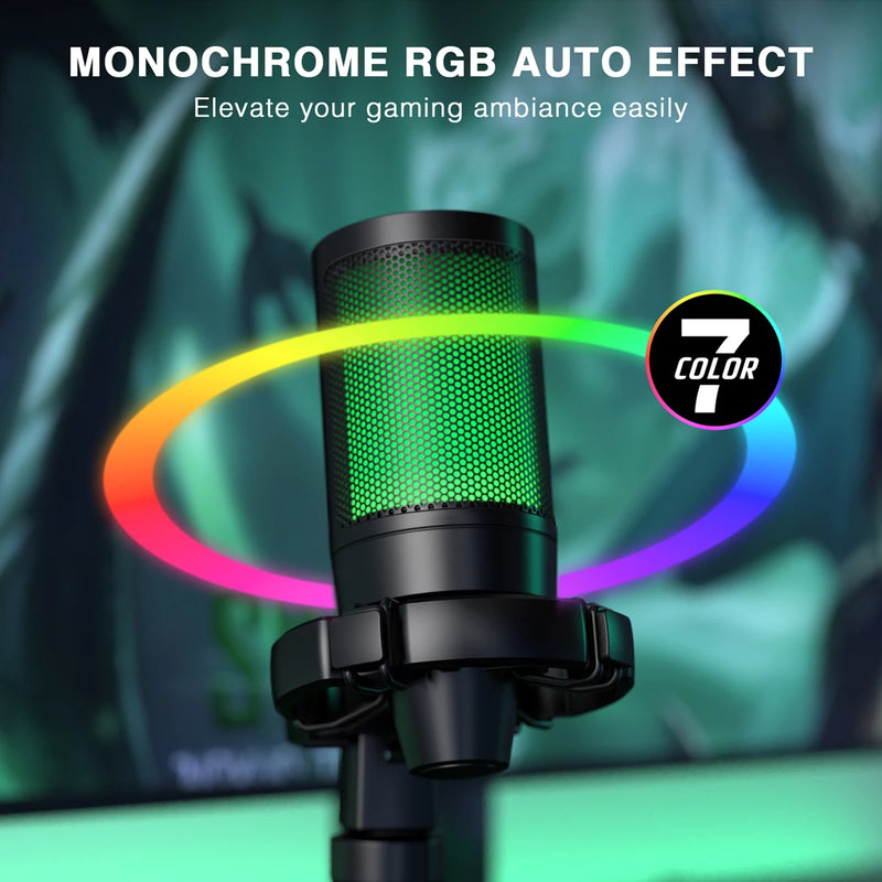 Microfone para jogos AmpliGame com silenciador rápido, microfone condensador USB RGB com tripé para PC, laptop, PS4/5, streaming de podcast - A2