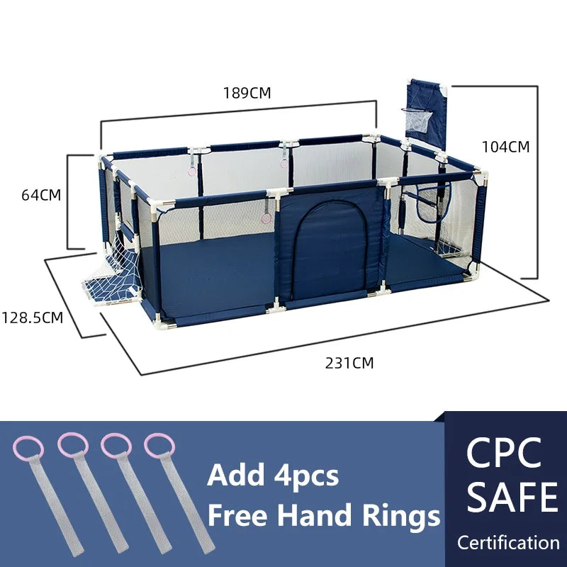 Cercado infantil IMBABY para uso interno, com barreira de segurança, piscina seca e área de recreação para crianças.