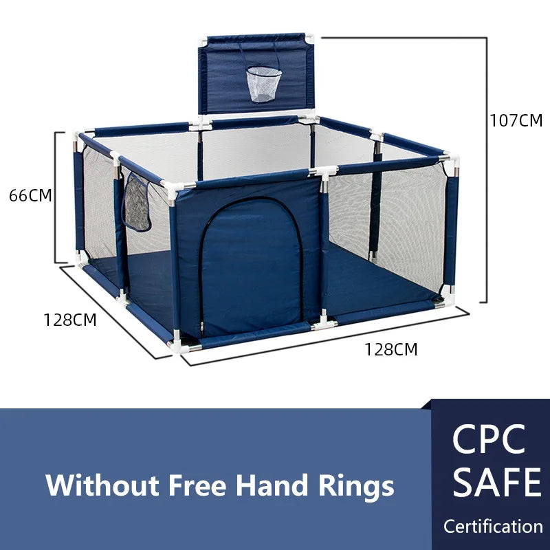 Cercado infantil IMBABY para uso interno, com barreira de segurança, piscina seca e área de recreação para crianças.