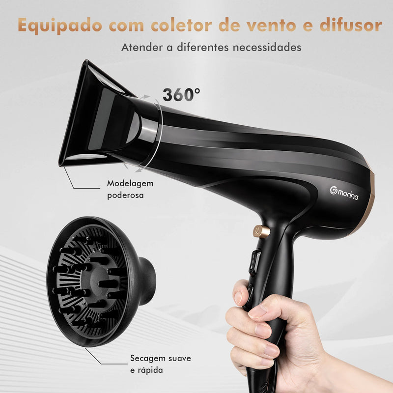 Secador de cabelo elétrico V-127V ou 220V 1900W Preto/Dourado