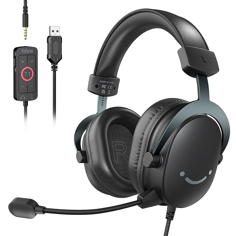 Fone de ouvido FIFINE, fone de ouvido USB com conector de 3,5 mm e som surround 7.1, controle de volume e botão de mudo para PC/MAC/PS4/PS5 Mixer-H9