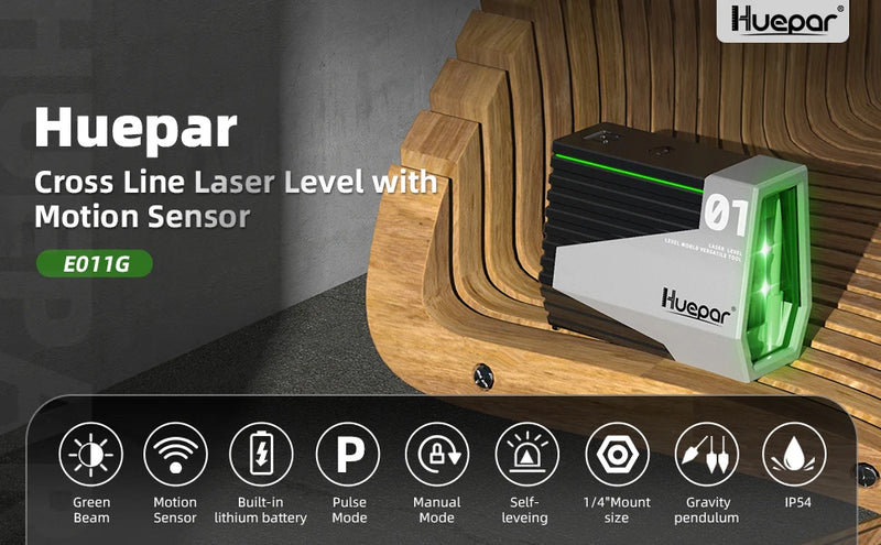 Nível a laser verde Huepar E011G, autonivelante, linha cruzada, ferramenta recarregável, sensor de movimento e modo de pulso - acene com a mão para alternar