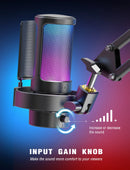 Microfone USB FIFINE para gravação e streaming em PC/Mac com filtro pop, silenciador rápido e conector de microfone de 3,5 mm, microfone com 3 modos RGB - A8