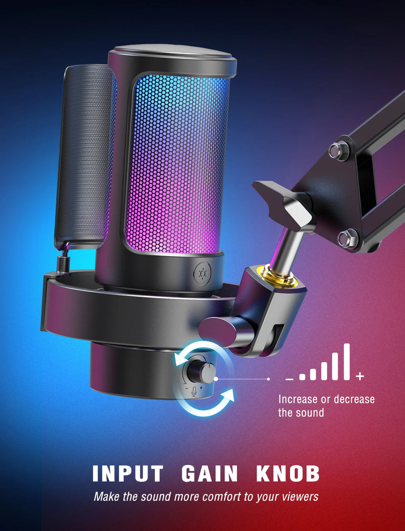 Microfone USB FIFINE para gravação e streaming em PC/Mac com filtro pop, silenciador rápido e conector de microfone de 3,5 mm, microfone com 3 modos RGB - A8