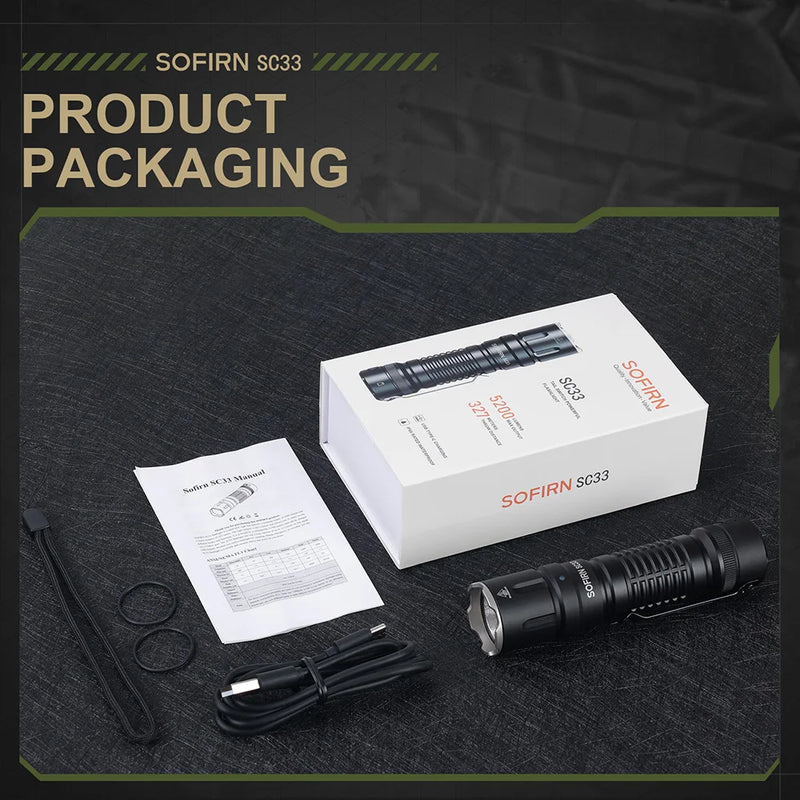 Lanterna tática LED Sofirn SC33 XHP70.3 HI 5200lm Potente 21700 Tipo C Recarregável com interruptor eletrônico Luz externa