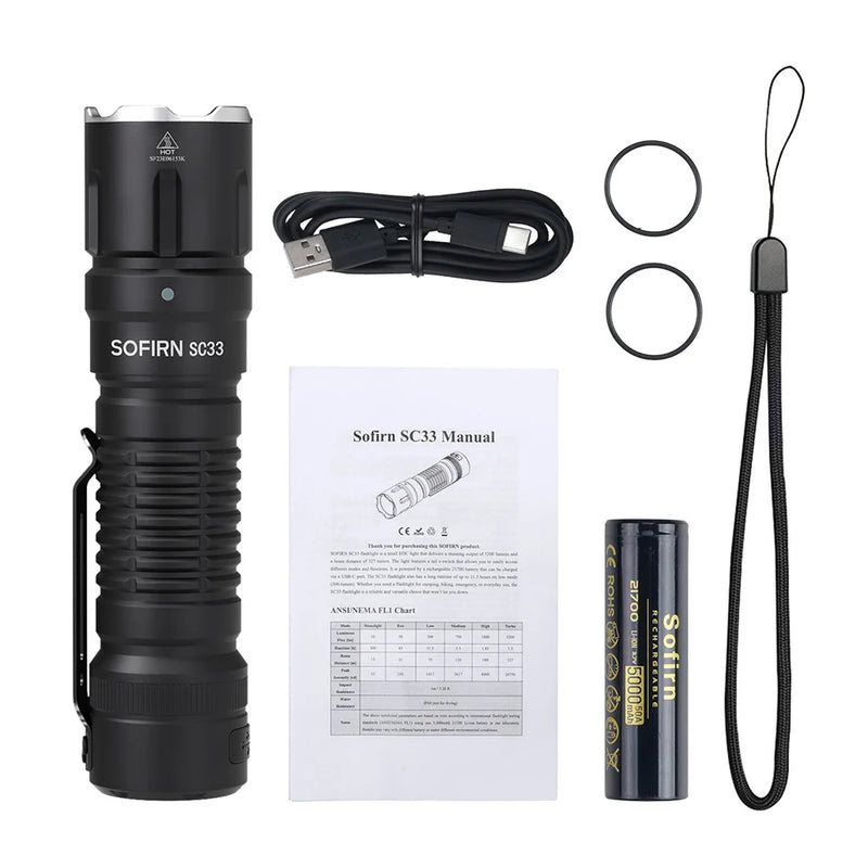 Lanterna tática LED Sofirn SC33 XHP70.3 HI 5200lm Potente 21700 Tipo C Recarregável com interruptor eletrônico Luz externa