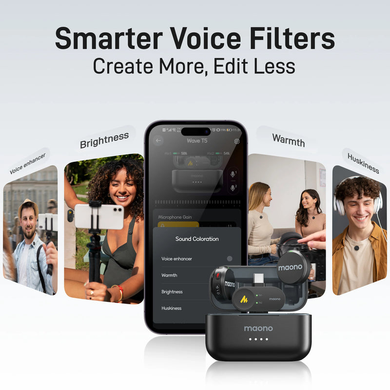 Microfone de lapela sem fio Maono Wave T5 com cancelamento de ruído para gravação de vídeo e streaming, compatível com câmeras de celulares