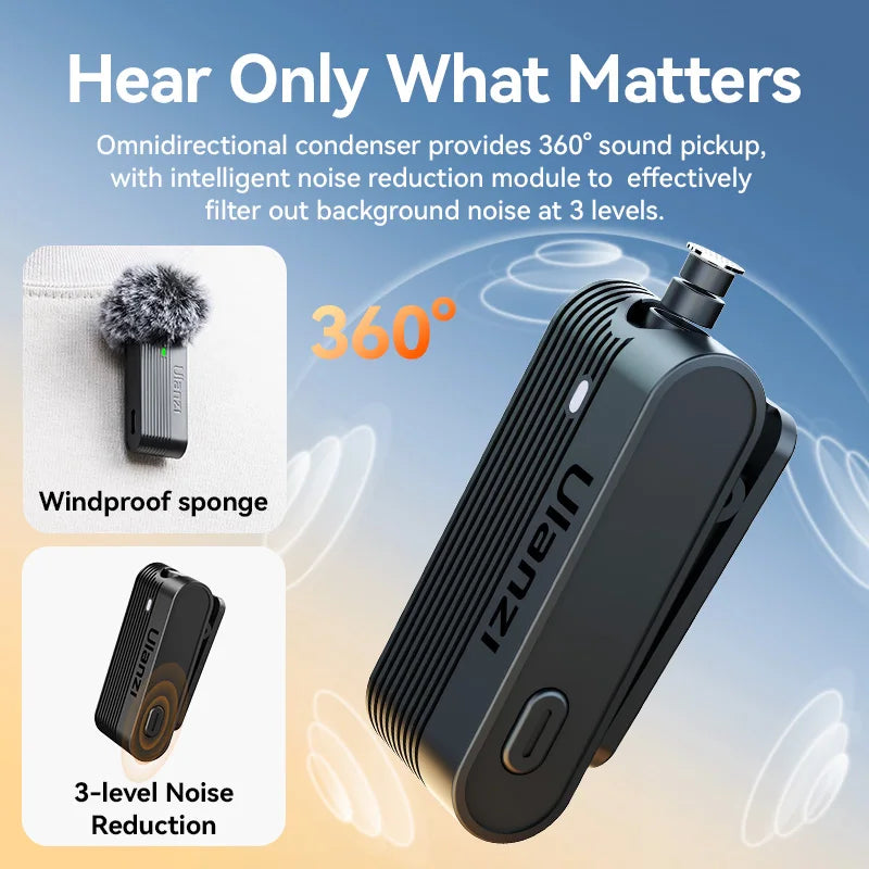 Microfone de lapela sem fio Ulanzi A100 para câmera iPhone 16 15 Pro Max Android DJI Action Pocket 3 com gravação dupla ao vivo