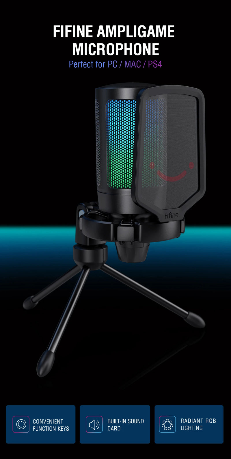 Microfone para jogos USB FIFINE, microfone condensador com RGB, para PC, PS4, PS5 e MAC, adequado para podcasters/jogadores/influenciadores/estúdio doméstico