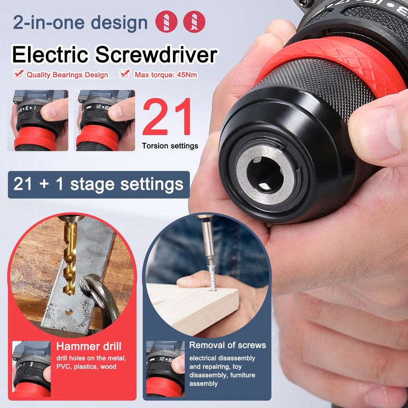 Furadeira e parafusadeira elétrica sem fio 2 em 1 16,8 V/21 V sem escova, chave de fenda elétrica, chave de fenda com 21 modos de rotação, furadeiras e parafusadeiras