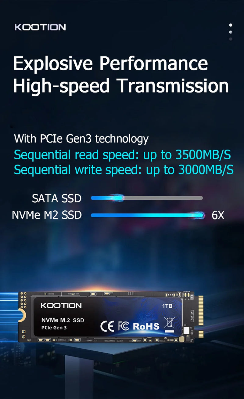 SSD M2 KOOTION X15 NVME 256GB ou 512GB PCIe 3.0x4 M.2 2280 Disco Rígido Interno para Laptop Desktop