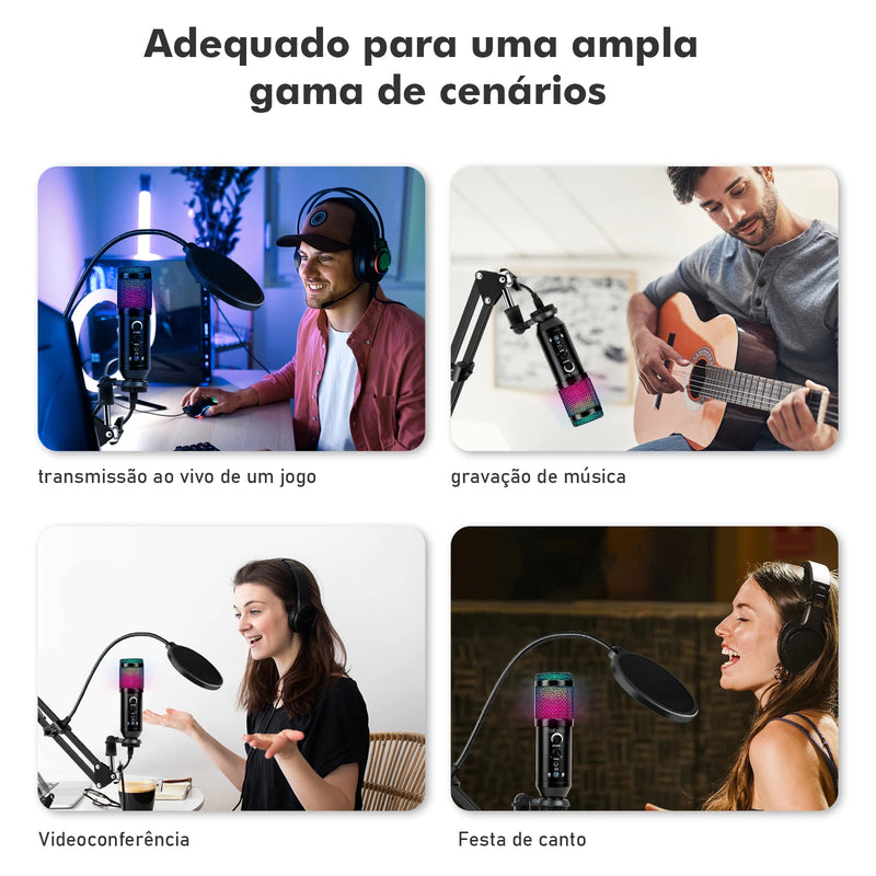 Microfone RGB de Braço Articulado, Condensador, de Mesa para PC Gamer, Coibeu