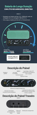 Mini amplificador de guitarra elétrica DK, 10W, Bluetooth, com efeitos de reverb e overdrive, bateria de lítio e 30 ritmos de bateria.