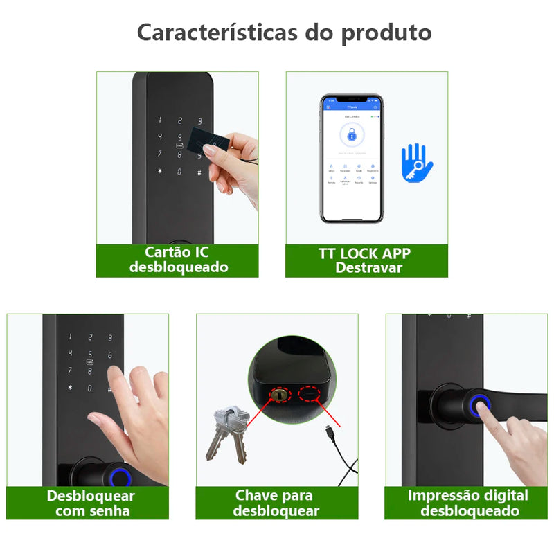 Fechadura elétrica de porta com impressão digital Bluetooth RAYKUBE F7 TT, versão com voz em português/inglês e alça maior
