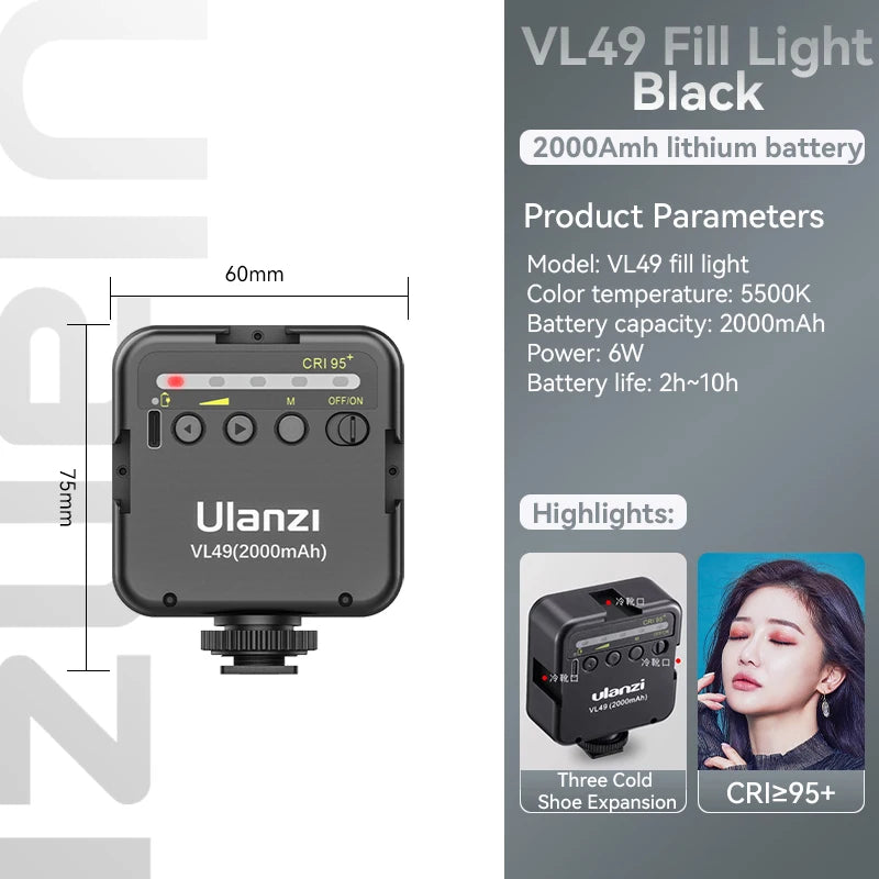 Mini Vlog VL49 LED, Luz de Preenchimento com 6W Branco 2000mAh 5500K Iluminação Zoom - para Fotográfica, Vídeo, Telefone, Selfie