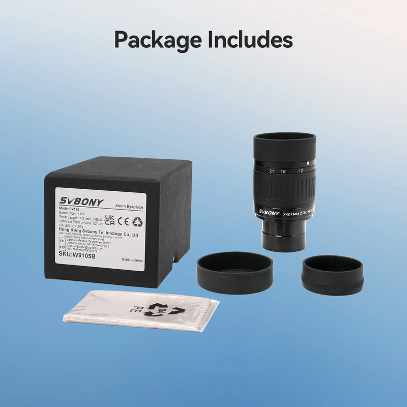 Ocular Svbony SV135 com zoom de 1,25" de 7 mm a 21 mm, design óptico totalmente multirrevestido, para usuários de óculos