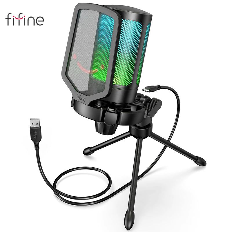 Microfone para jogos USB FIFINE, microfone condensador com RGB, para PC, PS4, PS5 e MAC, adequado para podcasters/jogadores/influenciadores/estúdio doméstico