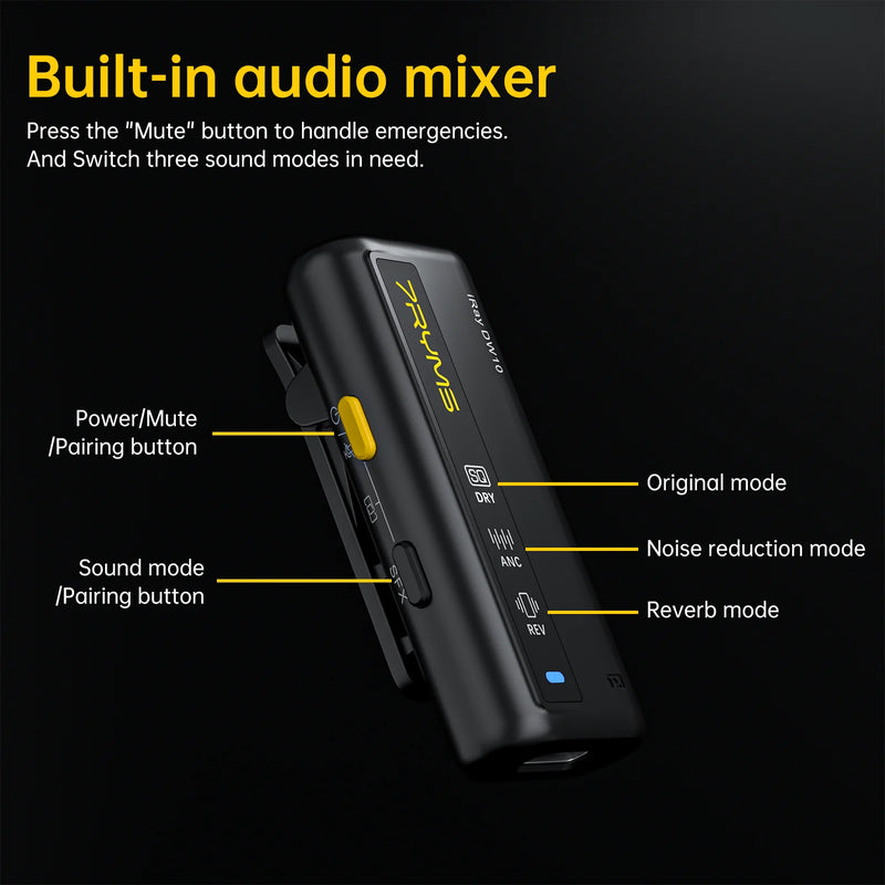 7RYMS iRay DW10 Mini Microfone sem fio multifuncional para câmera, smartphone, computador, vlog, transmissão ao vivo, entrevista