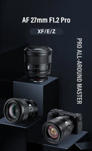 Lente VILTROX 27mm 75mm F1.2 para Fuji X, equivalente à lente Sony E 27mm 1.2, com foco automático e grande abertura, ideal para retratos em câmeras APS-C da Fujifilm.