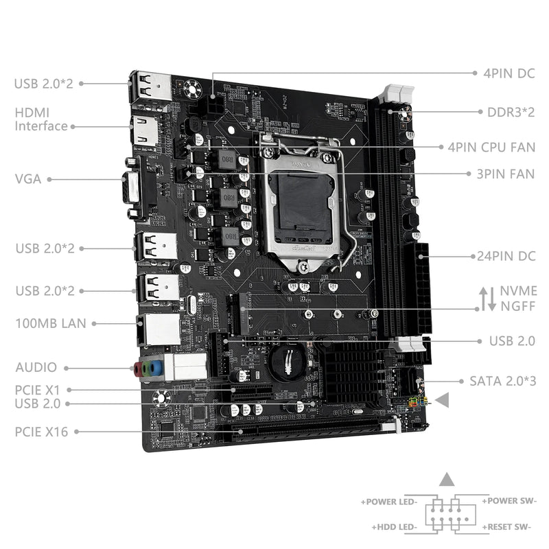 Placa-mãe MACHINIST H61 M.2 NVME PCIEx16 DVI com suporte para memória RAM DDR3 de canal duplo e processadores Intel Core de 2ª/3ª geração, soquete LGA1151, para PC desktop.