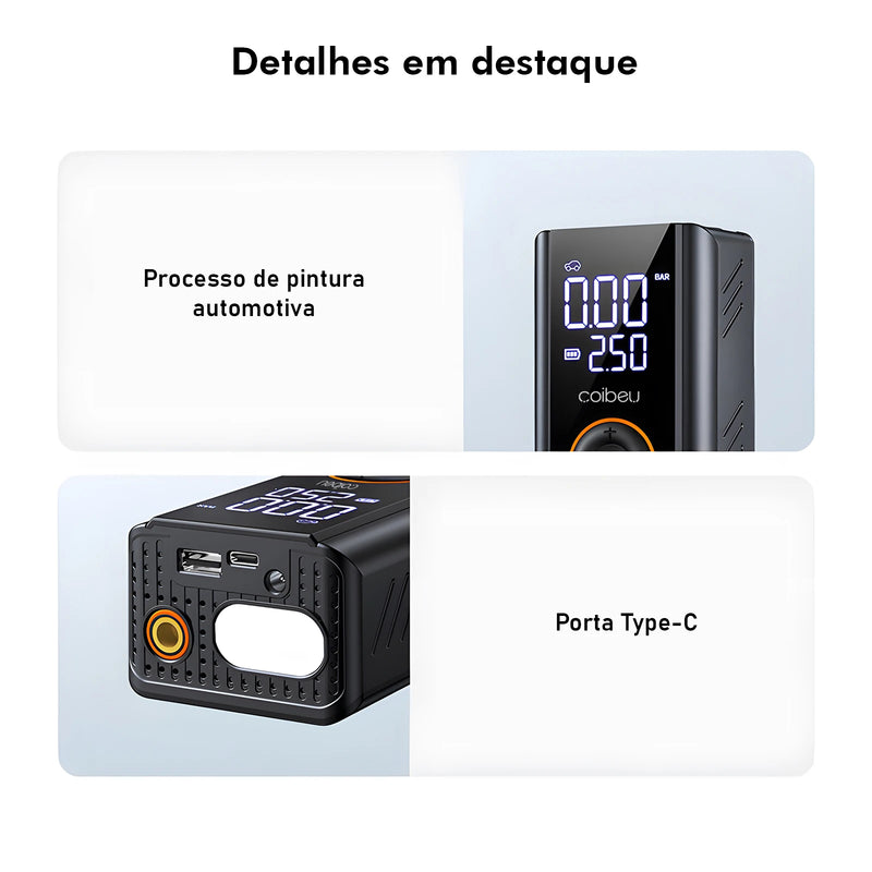 Bomba de inflação portátil sem fio de 60 W, bateria de 1800 mAh * 2,5 modos (carro/bicicleta/motocicleta), desligamento automático por LED, tipo C