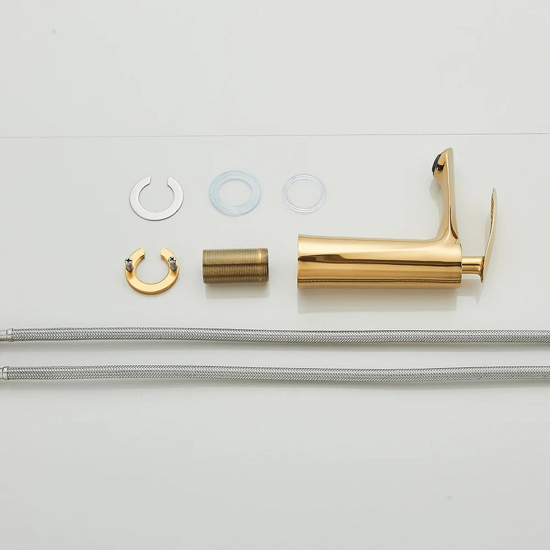 SHBSHAIMY Torneira de pia de banheiro quadrada moderna com núcleo de latão, torneira de água quente e fria, modelo alto/baixo, dourada, montada no deck