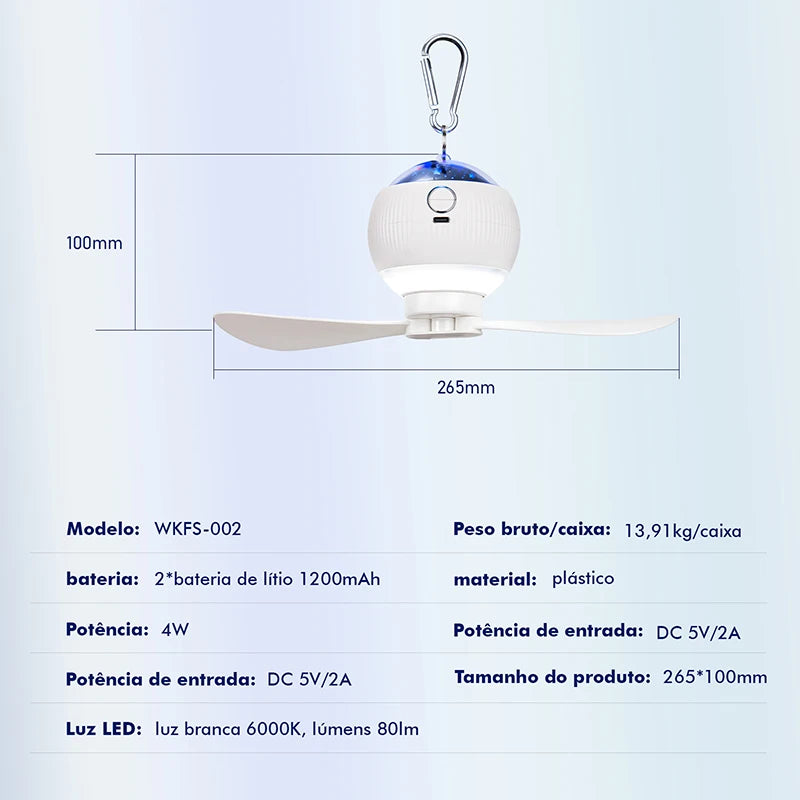 Ventilador de teto portátil silencioso de 3 velocidades, luz LED de 3 velocidades, sem necessidade de instalação de luz de ventilador