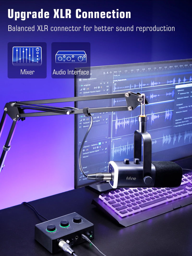 Kit de microfone dinâmico XLR FIFINE com braço articulado para mixer, conjunto de microfone USB para jogos com RGB, controle de volume para PC PS5/4 AmpliGame AM8T