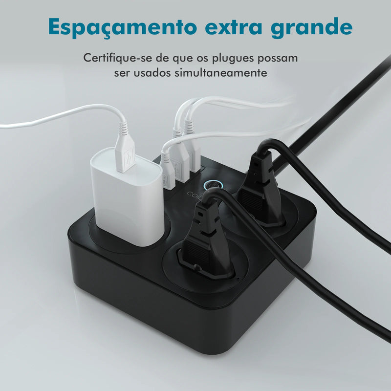 Filtro de Linha Inteligente Com WiFi, 3 Tomada, 2 Entradas USB, 1 Entrada Tipo C e 1 Botão Liga Desliga Geral