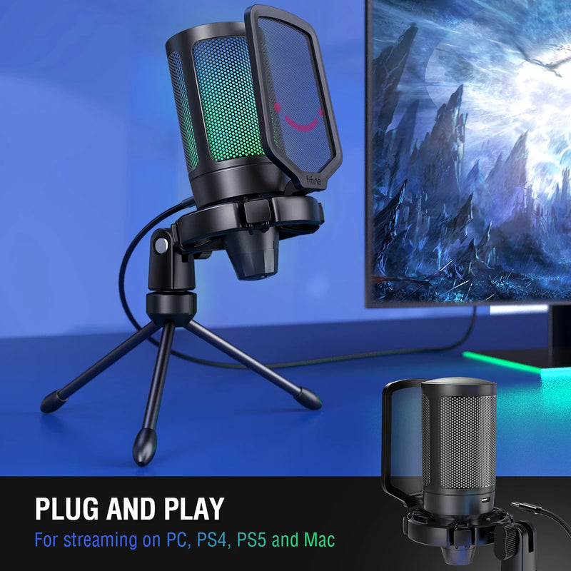 Microfone para jogos USB FIFINE, microfone condensador com RGB, para PC, PS4, PS5 e MAC, adequado para podcasters/jogadores/influenciadores/estúdio doméstico
