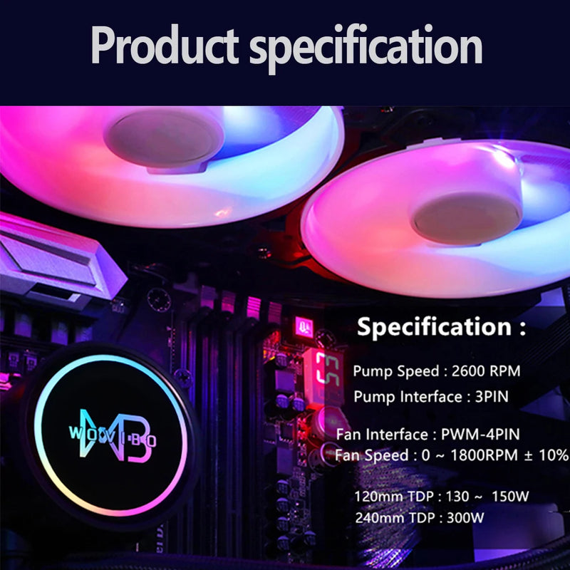 Ventilador e radiador PWM de refrigeração líquida Wovibo 120mm para processador com 4 pinos RGB compatível com Intel 115x 1200 1700 2011 X79 X99 AM3 AM4