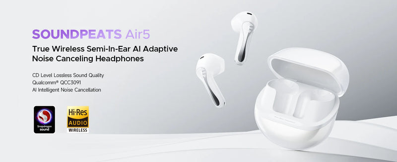 Fones de ouvido sem fio SoundPEATS Air5 Snapgragon Sound com aptx Adaptive Lossless e QCC3091, ANC Bluetooth V5.4 Fones de ouvido com 6 microfones