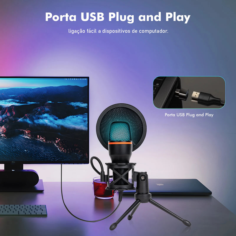 Microfone de mesa RGB com cancelamento de ruído ativo de 48 kHz, conexão USB plug & play e tripé ajustável para streamers/gamers, Coibeu
