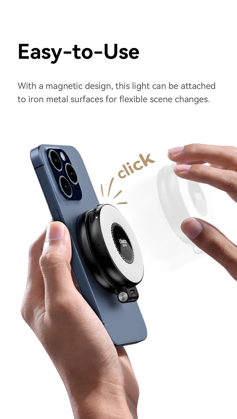 Ulanzi LM19 MagSafe Light Luz portátil para selfies para iPhone 16 15 14 13 12 Pro Max Suporte de luz de preenchimento para selfies e vídeos Vlog