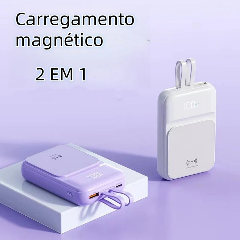Carregador portátil Magsafe de 10000mAh para celular, bateria externa com indução, mini saída universal, 2 cabos