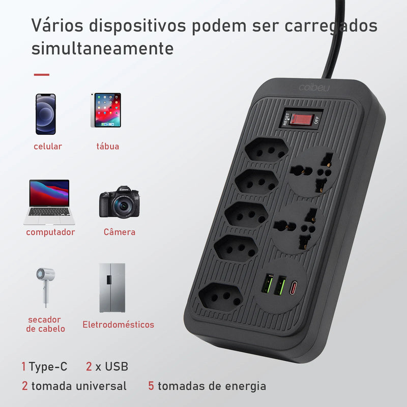Soquete de extensão e filtro de linha elétrica USB