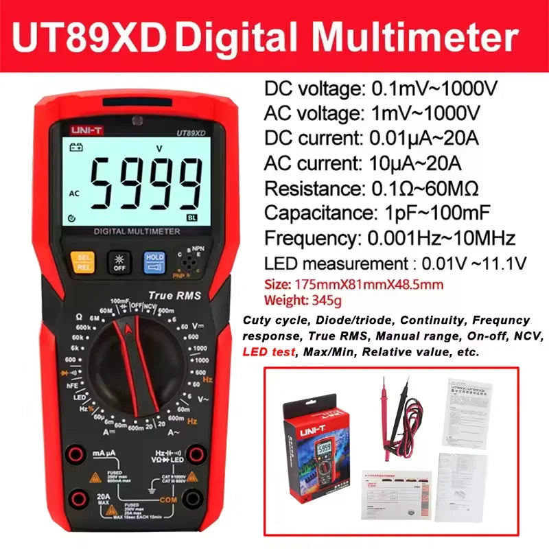 UNI-T UT89XD UT89X Multímetro Digital Profissional True RMS 20A Corrente AC DC Voltímetro Capacitância Resistência Testador Automático