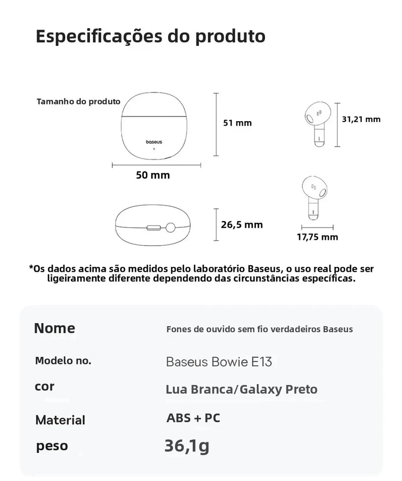 Fone De Ouvido Bluetooth 5.3 Baseus Bowie E13 Som Imersivel Recarregável Latencia Zero