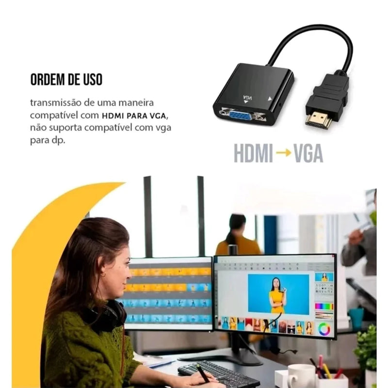 Cabo ALFA Adaptador e Conversor Hdmi Para Vga Com Saída P2 De Áudio